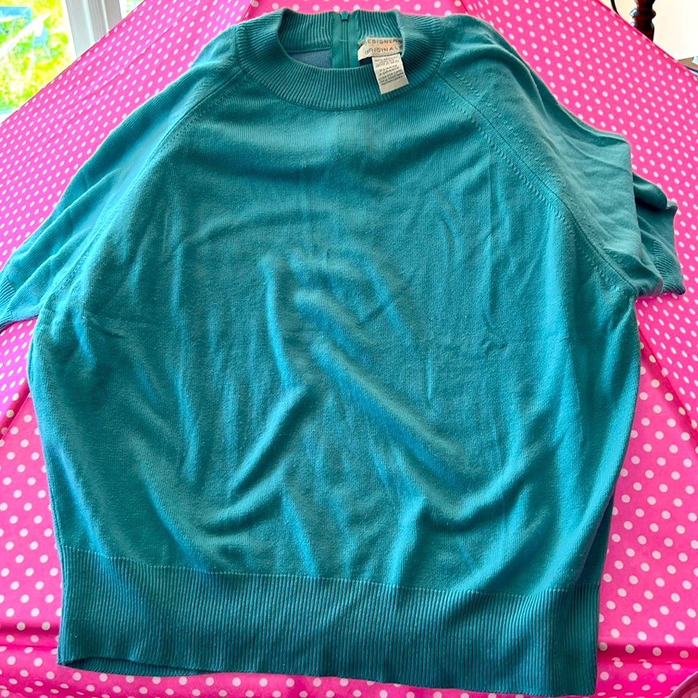 Short sleeve acrylic sweater aqua color - worn but life left zipper back neck